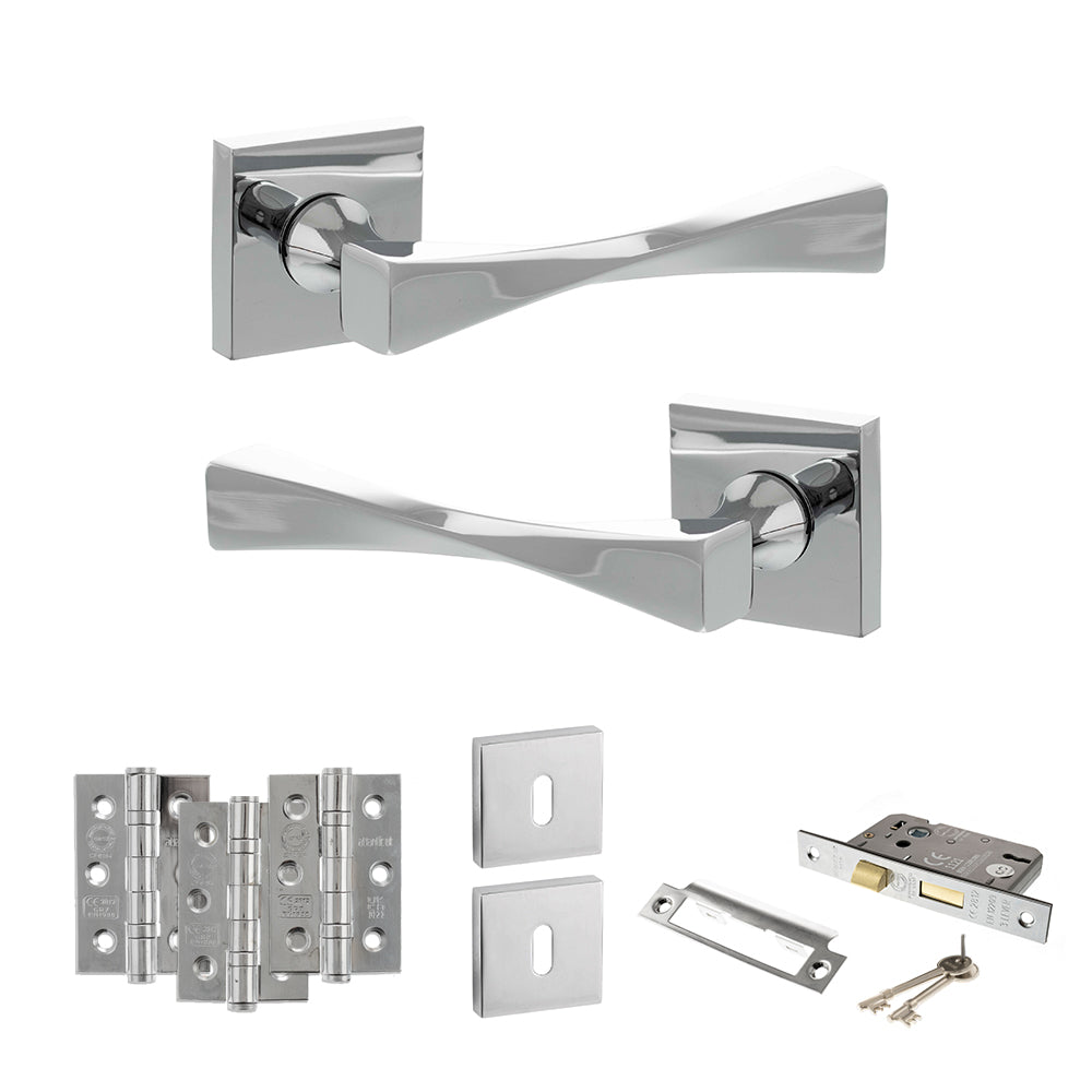 Quality image of Senza Pari Guido Door Handle Pack (3 Lever Lock Set - 3" CE Sashlock, 3" Fire Rated Hinges x3) - Polished Chrome | Sku. adpsp190cp15 | available from Trade Door Handles.