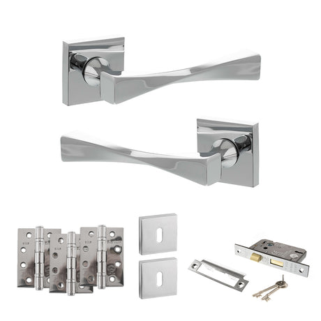 Quality image of Senza Pari Guido Door Handle Pack (3 Lever Lock Set - 2.5" CE Sashlock, 4" Fire Rated Hinges x3) - Polished Chrome | Sku. adpsp190cp16 | available from Trade Door Handles.