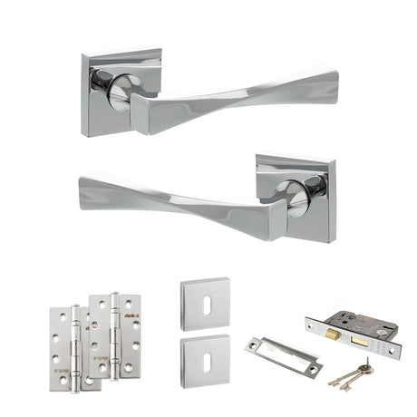 Quality image of Senza Pari Guido Door Handle Pack (3 Lever Lock Set - 3" CE Sashlock, 4" Slim Knuckle Hinges x2) - Polished Chrome | Sku. adpsp190cp19 | available from Trade Door Handles.