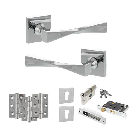 Quality image of Senza Pari Guido Door Handle Pack (Euro Lock Set - 2.5" CE Sashlock, 3" Fire Rated Hinges x3) - Polished Chrome | Sku. adpsp190cp20 | available from Trade Door Handles.