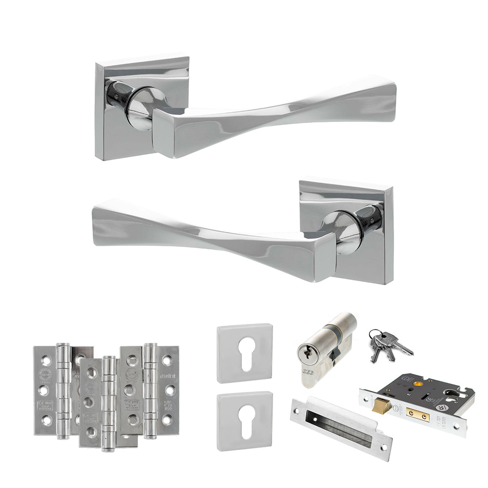 Quality image of Senza Pari Guido Door Handle Pack (Euro Lock Set - 3" CE Sashlock, 3" Fire Rated Hinges x3) - Polished Chrome | Sku. adpsp190cp21 | available from Trade Door Handles.