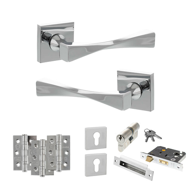 Quality image of Senza Pari Guido Door Handle Pack (Euro Lock Set - 3" CE Sashlock, 3" Fire Rated Hinges x3) - Polished Chrome | Sku. adpsp190cp21 | available from Trade Door Handles.
