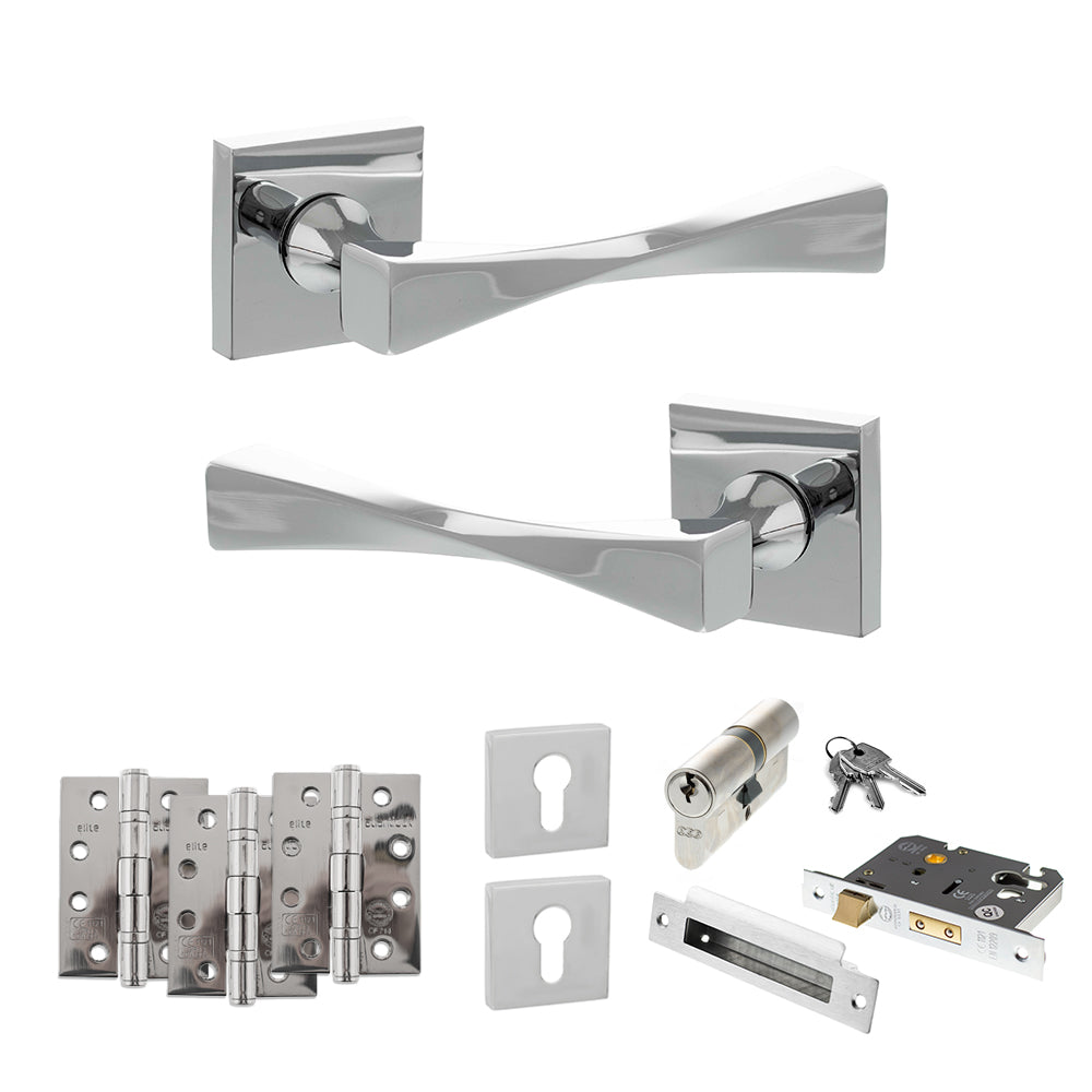 Quality image of Senza Pari Guido Door Handle Pack (Euro Lock Set - 2.5" CE Sashlock, 4" Fire Rated Hinges x3) - Polished Chrome | Sku. adpsp190cp22 | available from Trade Door Handles.