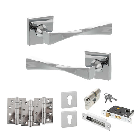 Quality image of Senza Pari Guido Door Handle Pack (Euro Lock Set - 2.5" CE Sashlock, 4" Fire Rated Hinges x3) - Polished Chrome | Sku. adpsp190cp22 | available from Trade Door Handles.