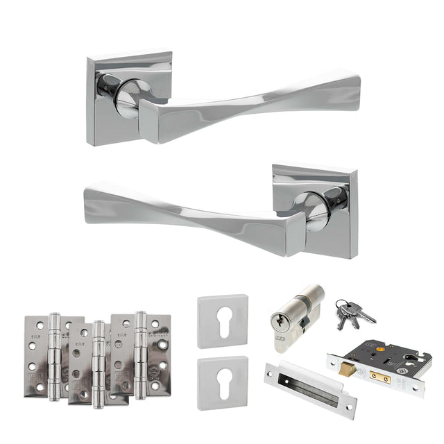 Quality image of Senza Pari Guido Door Handle Pack (Euro Lock Set - 2.5" CE Sashlock, 4" Fire Rated Hinges x3) - Polished Chrome | Sku. adpsp190cp22 | available from Trade Door Handles.