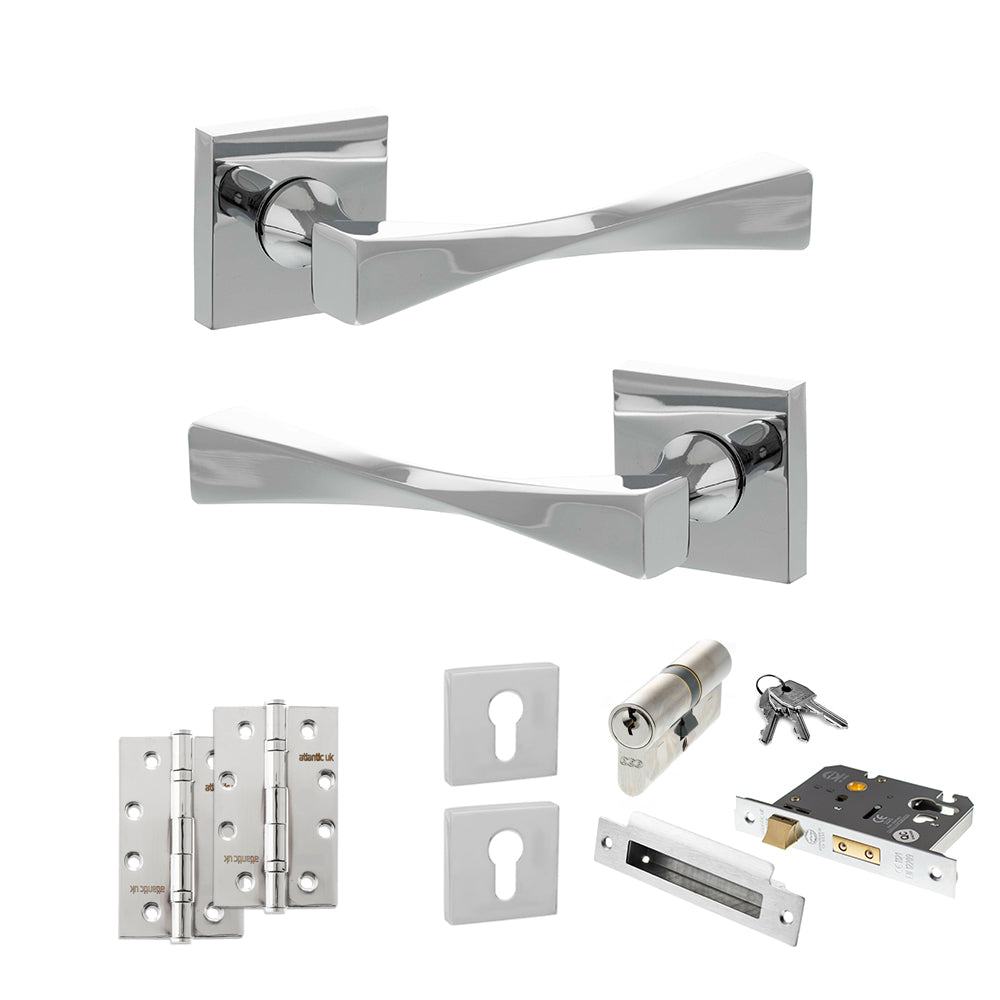 Quality image of Senza Pari Guido Door Handle Pack (Euro Lock Set - 2.5" CE Sashlock, 4" Slim Knuckle Hinges x2) - Polished Chrome | Sku. adpsp190cp24 | available from Trade Door Handles.