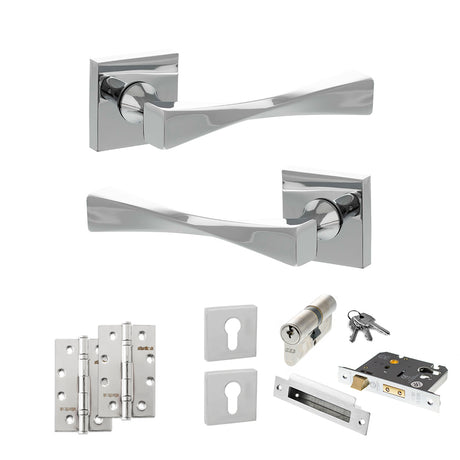 Quality image of Senza Pari Guido Door Handle Pack (Euro Lock Set - 3" CE Sashlock, 4" Slim Knuckle Hinges x2) - Polished Chrome | Sku. adpsp190cp25 | available from Trade Door Handles.