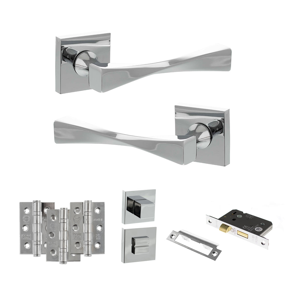 Quality image of Senza Pari Guido Door Handle Pack (Bathroom Set - 2.5" CE Bathroom Lock, 3" Fire Rated Hinges x3) - Polished Chrome | Sku. adpsp190cp8 | available from Trade Door Handles.
