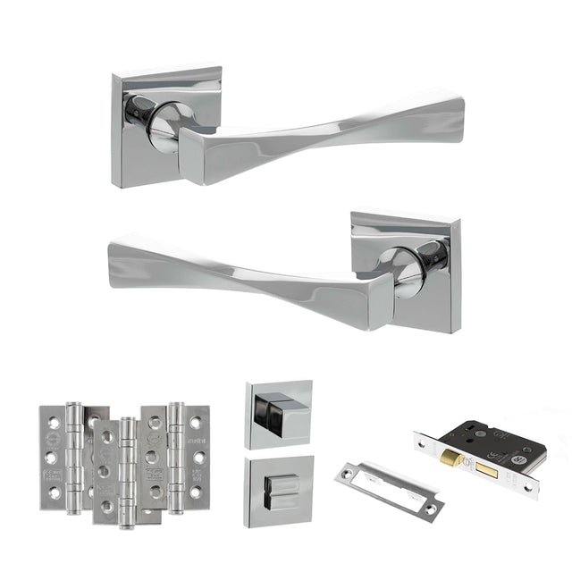 Quality image of Senza Pari Guido Door Handle Pack (Bathroom Set - 2.5" CE Bathroom Lock, 3" Fire Rated Hinges x3) - Polished Chrome | Sku. adpsp190cp8 | available from Trade Door Handles.