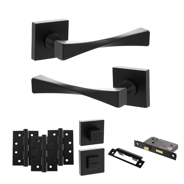 Quality image of Senza Pari Guido Door Handle Pack (Bathroom Set - 3" CE Bathroom Lock, 4" Fire Rated Hinges x3) - Matt Black | Sku. adpsp190mb11 | available from Trade Door Handles.
