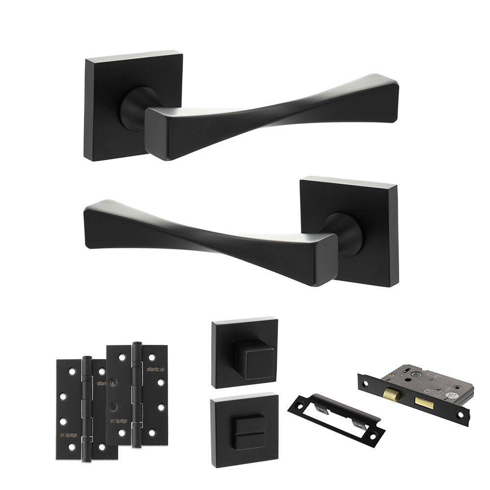 Quality image of Senza Pari Guido Door Handle Pack (Bathroom Set - 3" CE Bathroom Lock, 4" Slim Knuckle Hinges x2) - Matt Black | Sku. adpsp190mb13 | available from Trade Door Handles.