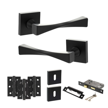 Quality image of Senza Pari Guido Door Handle Pack (3 Lever Lock Set - 3" CE Sashlock, 3" Fire Rated Hinges x3) - Matt Black | Sku. adpsp190mb15 | available from Trade Door Handles.