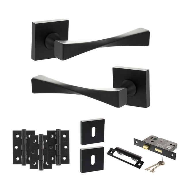 Quality image of Senza Pari Guido Door Handle Pack (3 Lever Lock Set - 3" CE Sashlock, 3" Fire Rated Hinges x3) - Matt Black | Sku. adpsp190mb15 | available from Trade Door Handles.