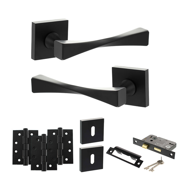 Quality image of Senza Pari Guido Door Handle Pack (3 Lever Lock Set - 2.5" CE Sashlock, 4" Fire Rated Hinges x3) - Matt Black | Sku. adpsp190mb16 | available from Trade Door Handles.