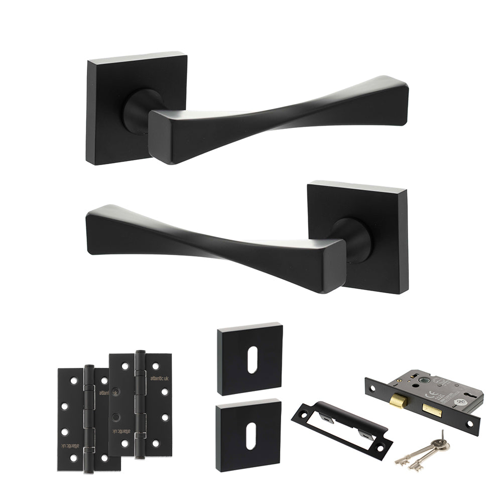 Quality image of Senza Pari Guido Door Handle Pack (3 Lever Lock Set - 2.5" CE Sashlock, 4" Slim Knuckle Hinges x2) - Matt Black | Sku. adpsp190mb18 | available from Trade Door Handles.