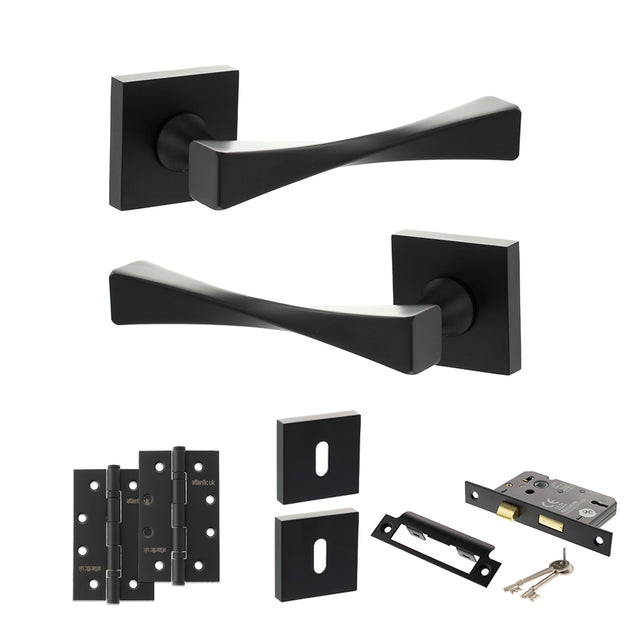 Quality image of Senza Pari Guido Door Handle Pack (3 Lever Lock Set - 2.5" CE Sashlock, 4" Slim Knuckle Hinges x2) - Matt Black | Sku. adpsp190mb18 | available from Trade Door Handles.