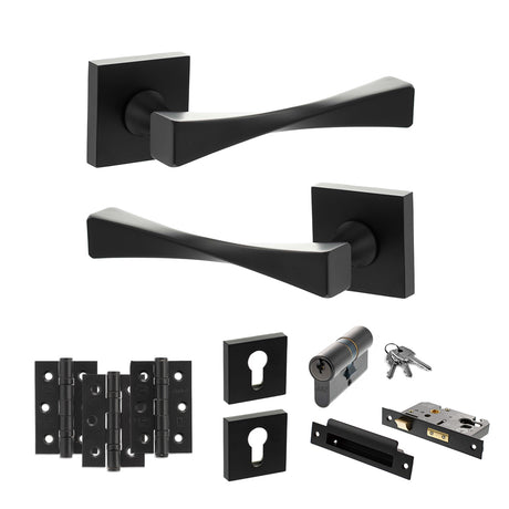 Quality image of Senza Pari Guido Door Handle Pack (Euro Lock Set - 2.5" CE Sashlock, 3" Fire Rated Hinges x3) - Matt Black | Sku. adpsp190mb20 | available from Trade Door Handles.