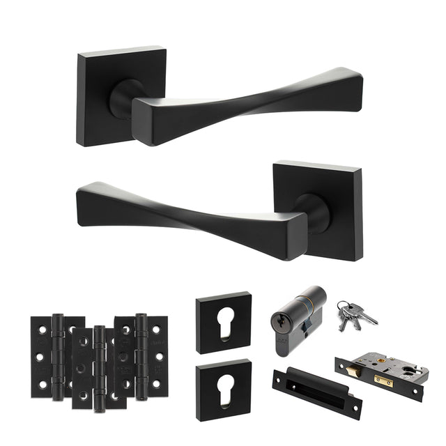 Quality image of Senza Pari Guido Door Handle Pack (Euro Lock Set - 3" CE Sashlock, 3" Fire Rated Hinges x3) - Matt Black | Sku. adpsp190mb21 | available from Trade Door Handles.