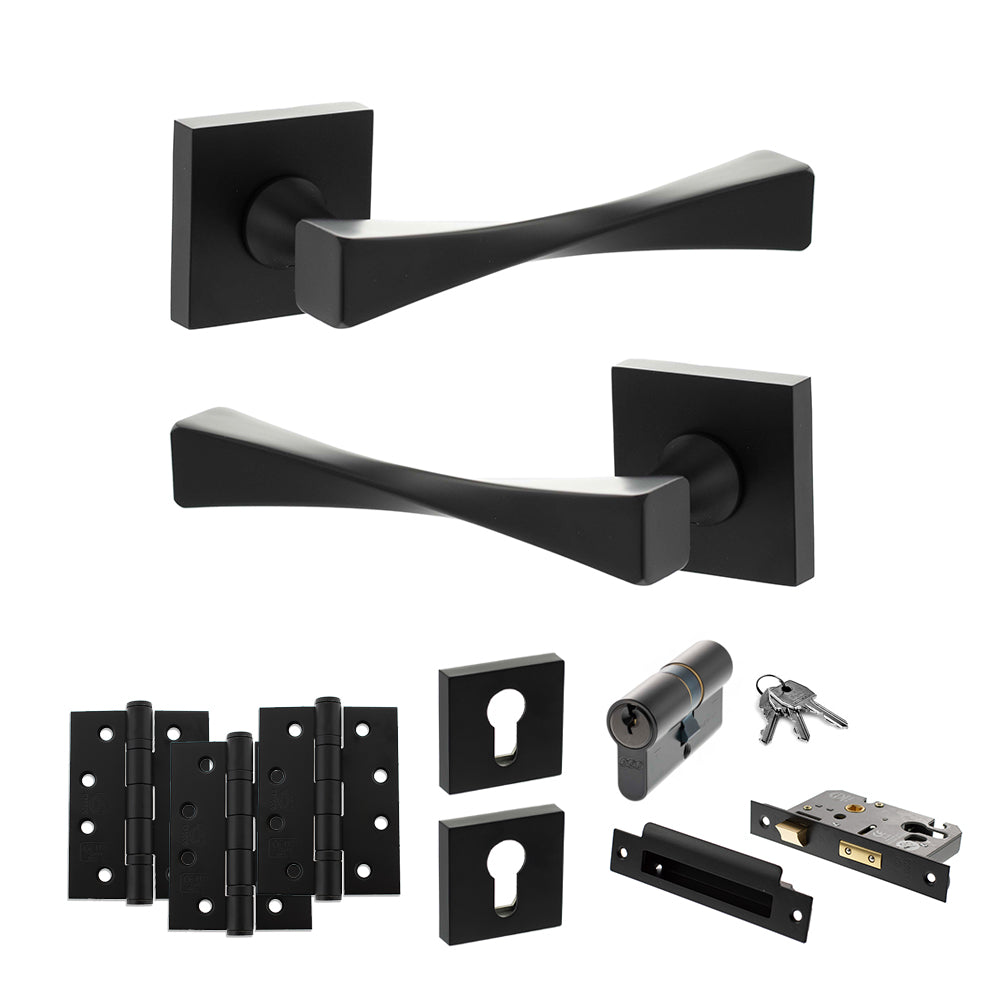 Quality image of Senza Pari Guido Door Handle Pack (Euro Lock Set - 2.5" CE Sashlock, 4" Fire Rated Hinges x3) - Matt Black | Sku. adpsp190mb22 | available from Trade Door Handles.