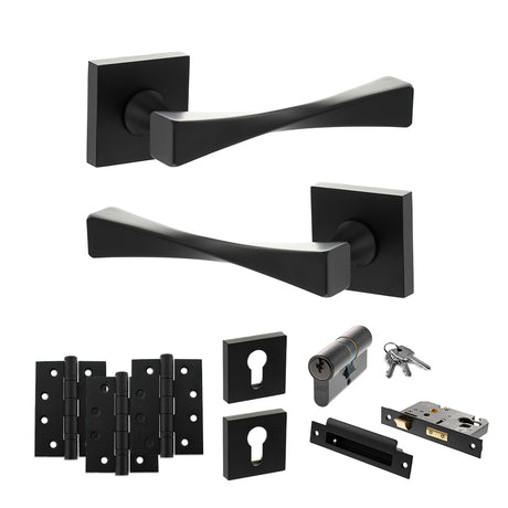 Quality image of Senza Pari Guido Door Handle Pack (Euro Lock Set - 3" CE Sashlock, 4" Fire Rated Hinges x3) - Matt Black | Sku. adpsp190mb23 | available from Trade Door Handles.