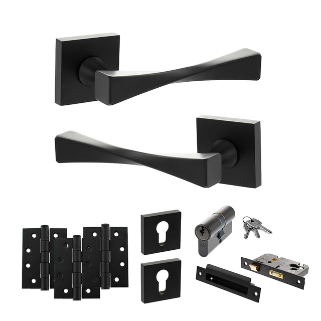 Quality image of Senza Pari Guido Door Handle Pack (Euro Lock Set - 3" CE Sashlock, 4" Fire Rated Hinges x3) - Matt Black | Sku. adpsp190mb23 | available from Trade Door Handles.