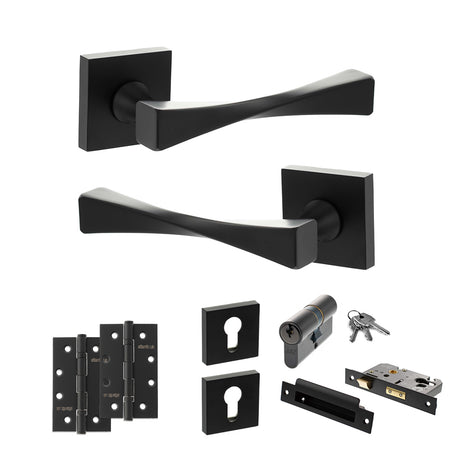 Quality image of Senza Pari Guido Door Handle Pack (Euro Lock Set - 3" CE Sashlock, 4" Slim Knuckle Hinges x2) - Matt Black | Sku. adpsp190mb25 | available from Trade Door Handles.