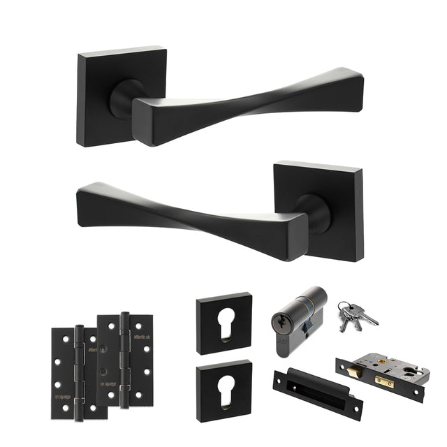 Quality image of Senza Pari Guido Door Handle Pack (Euro Lock Set - 3" CE Sashlock, 4" Slim Knuckle Hinges x2) - Matt Black | Sku. adpsp190mb25 | available from Trade Door Handles.