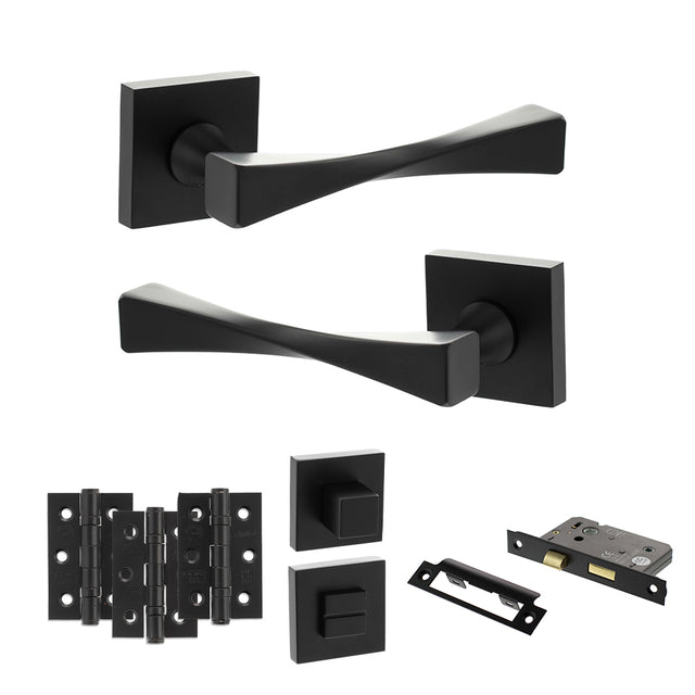 Quality image of Senza Pari Guido Door Handle Pack (Bathroom Set - 2.5" CE Bathroom Lock, 3" Fire Rated Hinges x3) - Matt Black | Sku. adpsp190mb8 | available from Trade Door Handles.