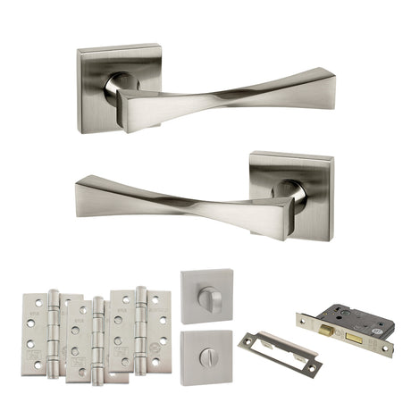 Quality image of Senza Pari Guido Door Handle Pack (Bathroom Set - 3" CE Bathroom Lock, 4" Fire Rated Hinges x3) - Satin Nickel | Sku. adpsp190sn11 | available from Trade Door Handles.