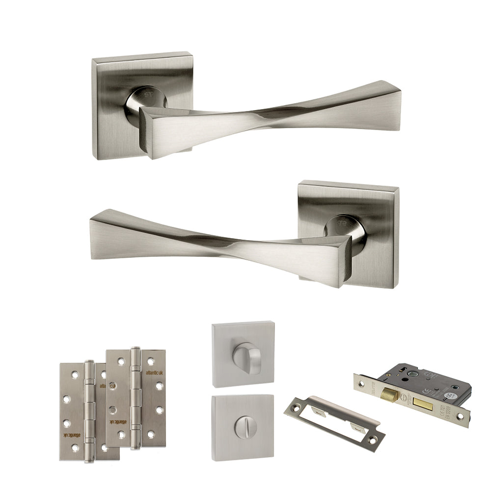 Quality image of Senza Pari Guido Door Handle Pack (Bathroom Set - 2.5" CE Bathroom Lock, 4" Slim Knuckle Hinges x2) - Satin Nickel | Sku. adpsp190sn12 | available from Trade Door Handles.