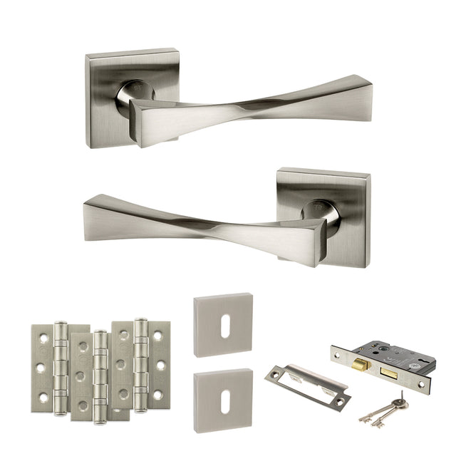 Quality image of Senza Pari Guido Door Handle Pack (3 Lever Lock Set - 3" CE Sashlock, 3" Fire Rated Hinges x3) - Satin Nickel | Sku. adpsp190sn15 | available from Trade Door Handles.
