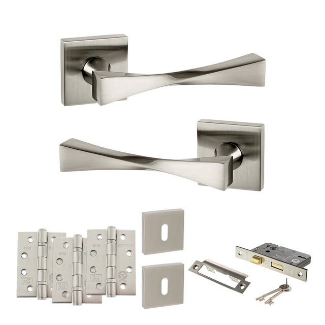 Quality image of Senza Pari Guido Door Handle Pack (3 Lever Lock Set - 2.5" CE Sashlock, 4" Fire Rated Hinges x3) - Satin Nickel | Sku. adpsp190sn16 | available from Trade Door Handles.