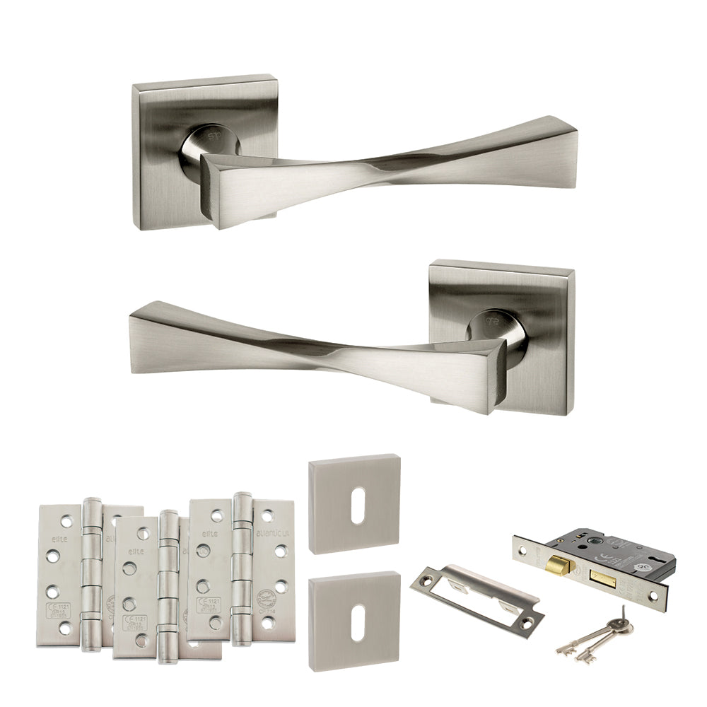 Quality image of Senza Pari Guido Door Handle Pack (3 Lever Lock Set - 3" CE Sashlock, 4" Fire Rated Hinges x3) - Satin Nickel | Sku. adpsp190sn17 | available from Trade Door Handles.