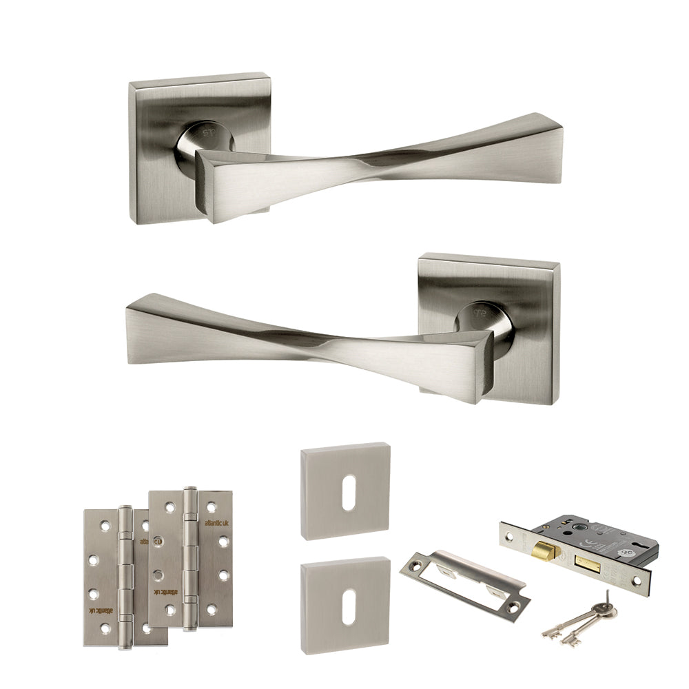 Quality image of Senza Pari Guido Door Handle Pack (3 Lever Lock Set - 2.5" CE Sashlock, 4" Slim Knuckle Hinges x2) - Satin Nickel | Sku. adpsp190sn18 | available from Trade Door Handles.