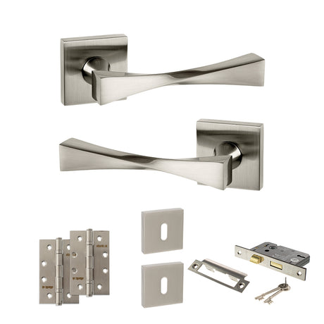 Quality image of Senza Pari Guido Door Handle Pack (3 Lever Lock Set - 3" CE Sashlock, 4" Slim Knuckle Hinges x2) - Satin Nickel | Sku. adpsp190sn19 | available from Trade Door Handles.