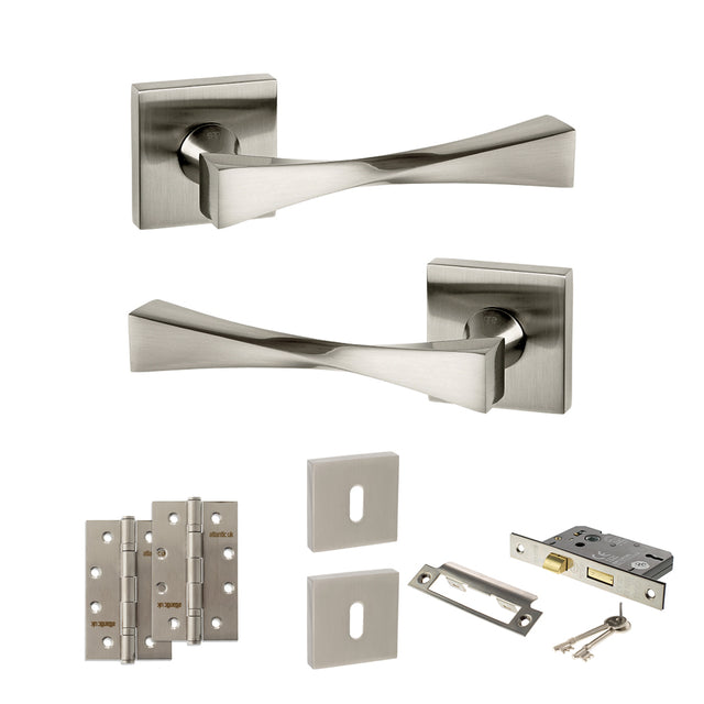 Quality image of Senza Pari Guido Door Handle Pack (3 Lever Lock Set - 3" CE Sashlock, 4" Slim Knuckle Hinges x2) - Satin Nickel | Sku. adpsp190sn19 | available from Trade Door Handles.