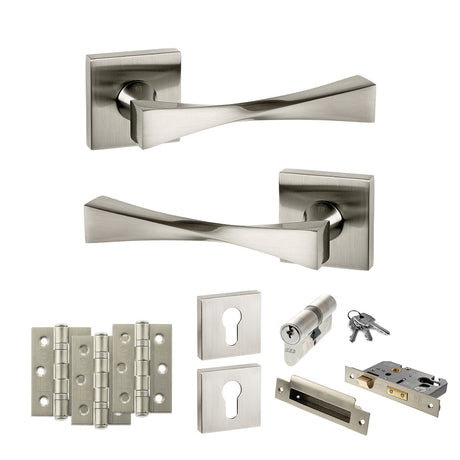 Quality image of Senza Pari Guido Door Handle Pack (Euro Lock Set - 2.5" CE Sashlock, 3" Fire Rated Hinges x3) - Satin Nickel | Sku. adpsp190sn20 | available from Trade Door Handles.