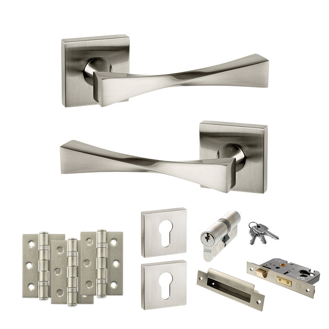 Quality image of Senza Pari Guido Door Handle Pack (Euro Lock Set - 3" CE Sashlock, 3" Fire Rated Hinges x3) - Satin Nickel | Sku. adpsp190sn21 | available from Trade Door Handles.