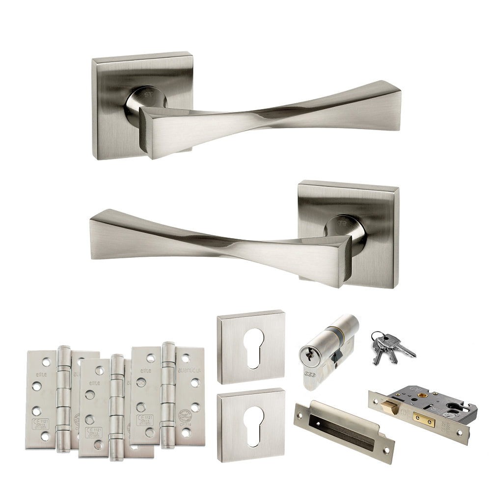 Quality image of Senza Pari Guido Door Handle Pack (Euro Lock Set - 2.5" CE Sashlock, 4" Fire Rated Hinges x3) - Satin Nickel | Sku. adpsp190sn22 | available from Trade Door Handles.