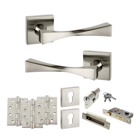 Quality image of Senza Pari Guido Door Handle Pack (Euro Lock Set - 2.5" CE Sashlock, 4" Fire Rated Hinges x3) - Satin Nickel | Sku. adpsp190sn22 | available from Trade Door Handles.