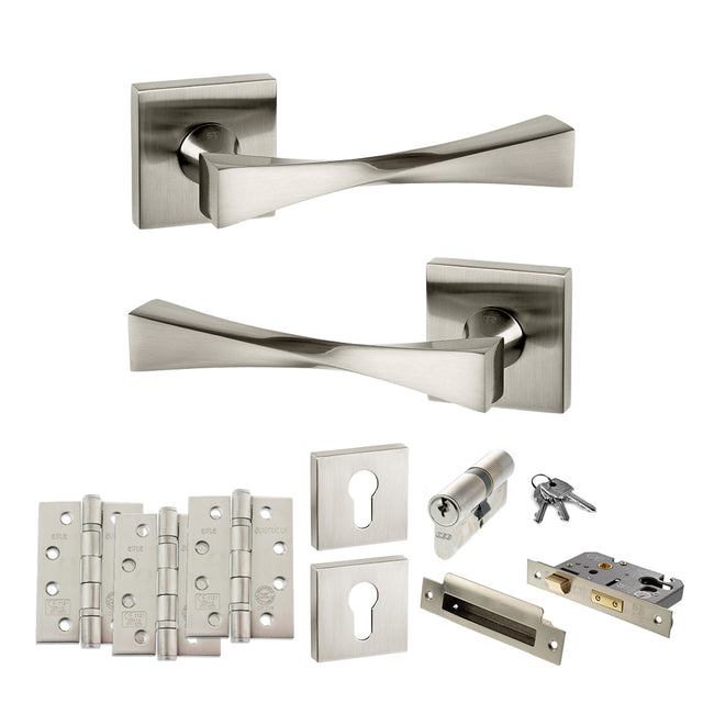 Quality image of Senza Pari Guido Door Handle Pack (Euro Lock Set - 3" CE Sashlock, 4" Fire Rated Hinges x3) - Satin Nickel | Sku. adpsp190sn23 | available from Trade Door Handles.