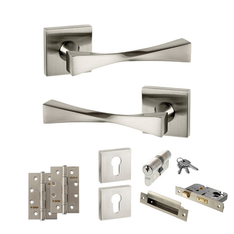 Quality image of Senza Pari Guido Door Handle Pack (Euro Lock Set - 2.5" CE Sashlock, 4" Slim Knuckle Hinges x2) - Satin Nickel | Sku. adpsp190sn24 | available from Trade Door Handles.