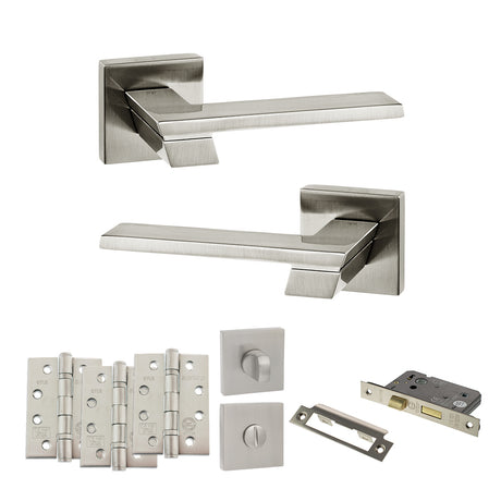 Quality image of Senza Pari Giovanni Door Handle Pack (Bathroom Set - 2.5" CE Bathroom Lock, 4" Fire Rated Hinges x3) - Satin Nickel | Sku. adpsp203sn10 | available from Trade Door Handles.