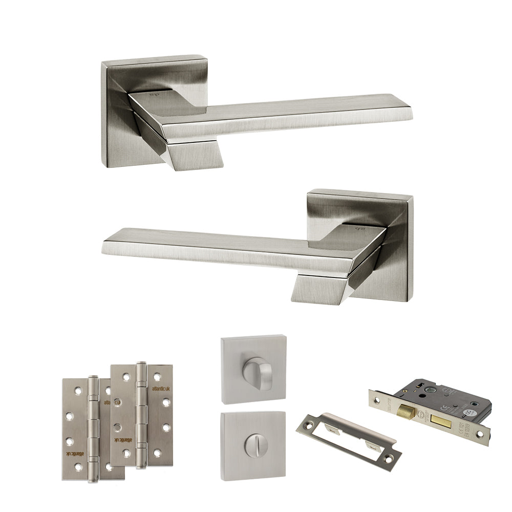 Quality image of Senza Pari Giovanni Door Handle Pack (Bathroom Set - 2.5" CE Bathroom Lock, 4" Slim Knuckle Hinges x2) - Satin Nickel | Sku. adpsp203sn12 | available from Trade Door Handles.
