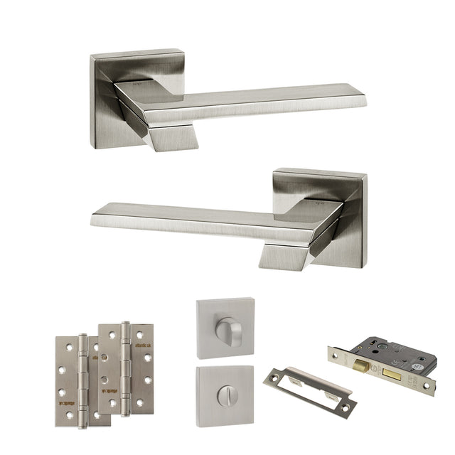 Quality image of Senza Pari Giovanni Door Handle Pack (Bathroom Set - 2.5" CE Bathroom Lock, 4" Slim Knuckle Hinges x2) - Satin Nickel | Sku. adpsp203sn12 | available from Trade Door Handles.