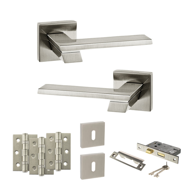 Quality image of Senza Pari Giovanni Door Handle Pack (3 Lever Lock Set - 2.5" CE Sashlock, 3" Fire Rated Hinges x3) - Satin Nickel | Sku. adpsp203sn14 | available from Trade Door Handles.