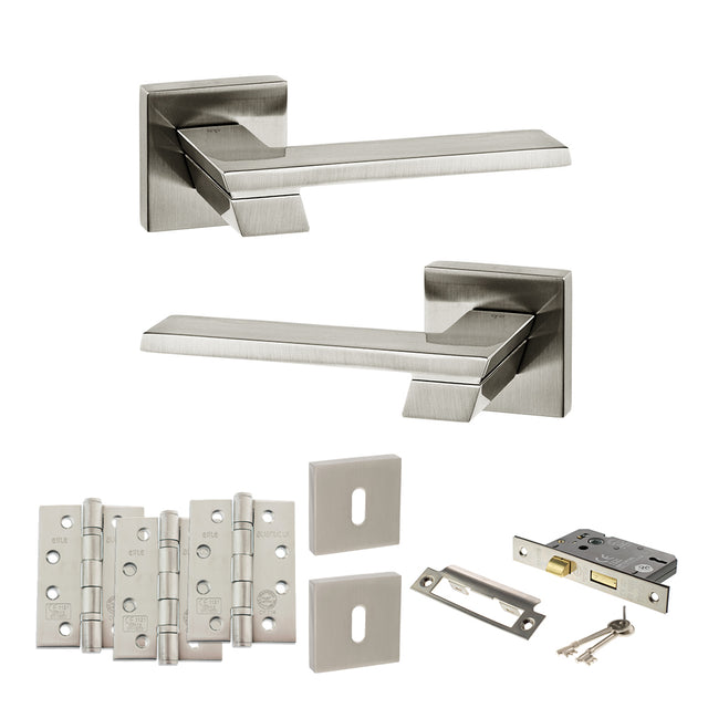 Quality image of Senza Pari Giovanni Door Handle Pack (3 Lever Lock Set - 3" CE Sashlock, 4" Fire Rated Hinges x3) - Satin Nickel | Sku. adpsp203sn17 | available from Trade Door Handles.