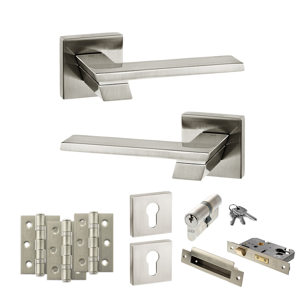 Quality image of Senza Pari Giovanni Door Handle Pack (Euro Lock Set - 2.5" CE Sashlock, 3" Fire Rated Hinges x3) - Satin Nickel | Sku. adpsp203sn20 | available from Trade Door Handles.
