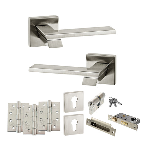 Quality image of Senza Pari Giovanni Door Handle Pack (Euro Lock Set - 2.5" CE Sashlock, 4" Fire Rated Hinges x3) - Satin Nickel | Sku. adpsp203sn22 | available from Trade Door Handles.