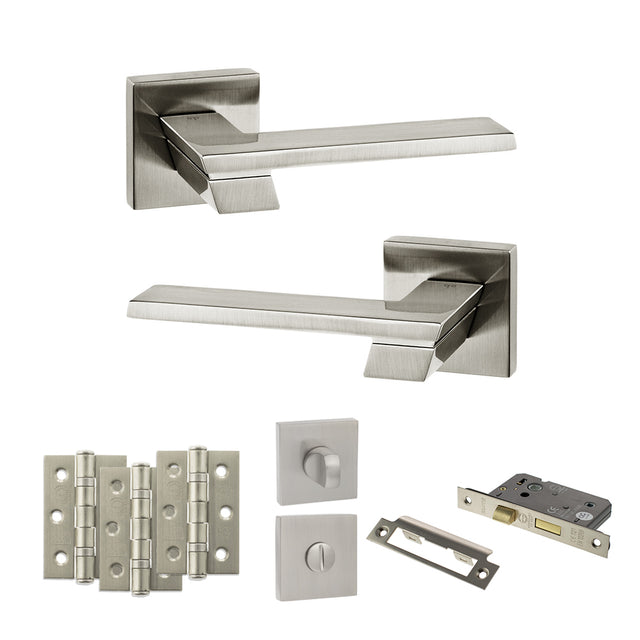Quality image of Senza Pari Giovanni Door Handle Pack (Bathroom Set - 2.5" CE Bathroom Lock, 3" Fire Rated Hinges x3) - Satin Nickel | Sku. adpsp203sn8 | available from Trade Door Handles.